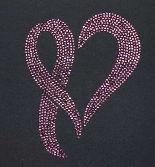 Cancer Heart Ribbon Rhinestone T- Shirt with Sparkling Rhinestones