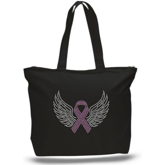 Zipper Tote Bag Black Tote Winged Pink Ribbon Heart Cancer Awareness Rhinestone