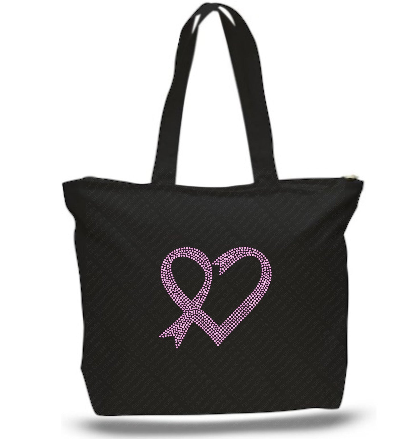 Pink Ribbon Heart Cancer Awareness Rhinestone - Zipper Tote Bag Black Tote