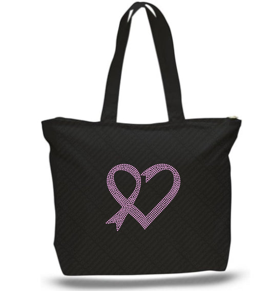 Pink Ribbon Heart Cancer Awareness Rhinestone - Zipper Tote Bag Black Tote