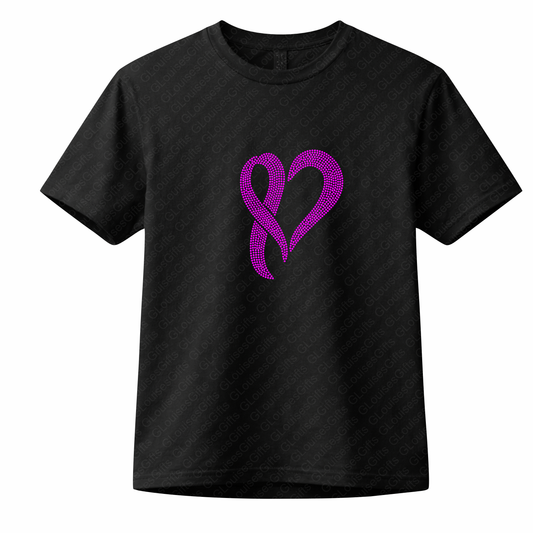 Cancer Heart Ribbon Rhinestone T- Shirt with Sparkling Rhinestones
