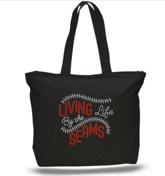 Baseball Black Tote Bag Rhinestone Living Life by the Seams Rhinestone