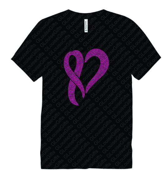 Cancer Heart Ribbon Rhinestone T- Shirt with Sparkling Rhinestones